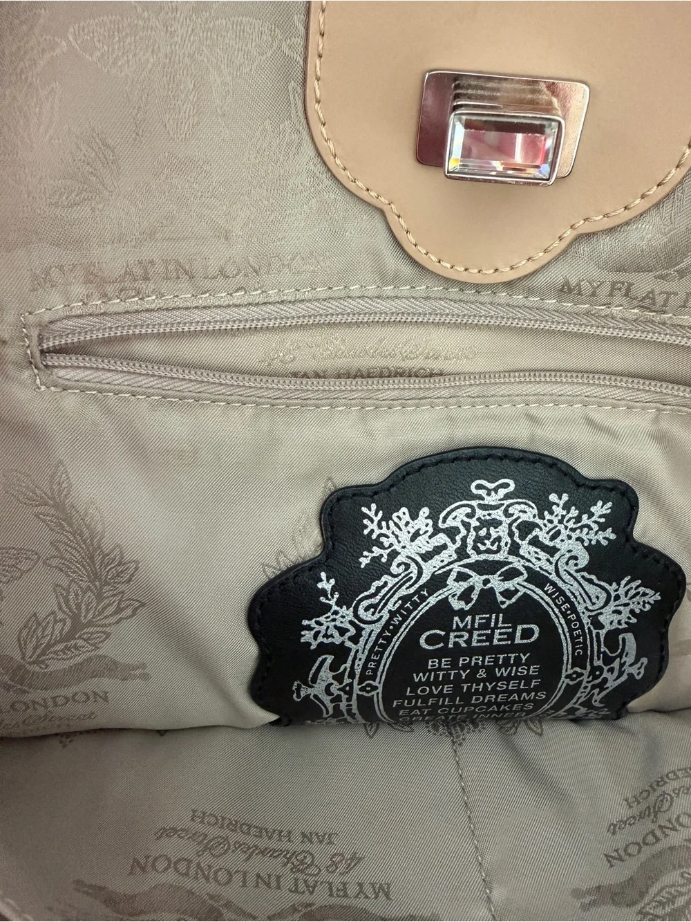 My Flat in London Beige Perforated Tote with Decorative Emblem